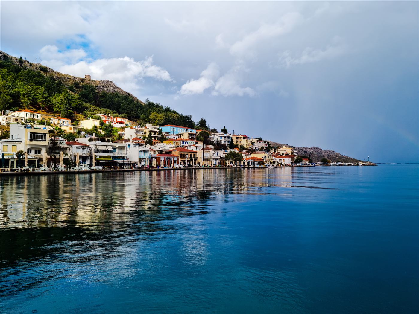 Reflection of a Greek coastal town