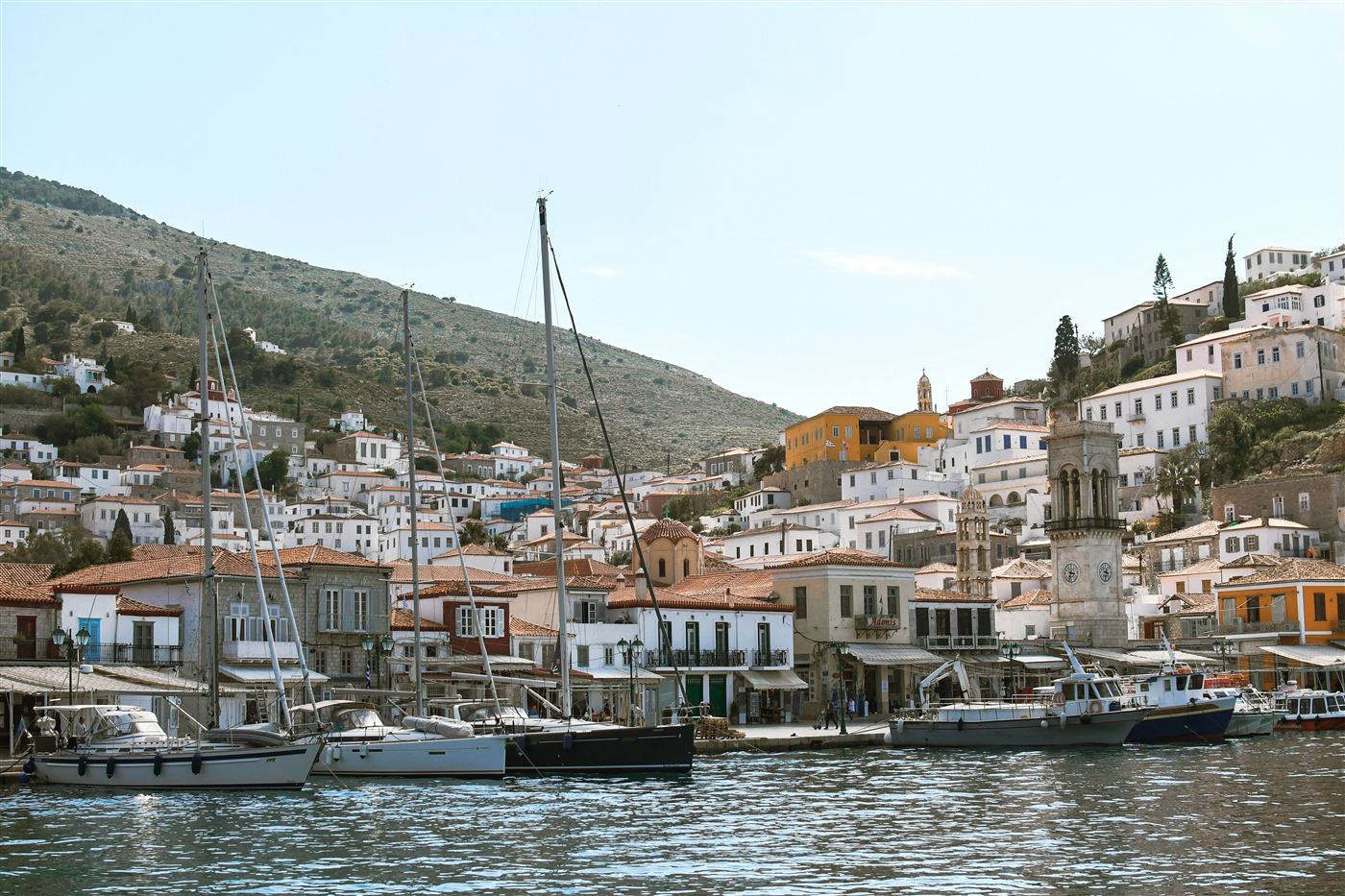 Hydra harbour with traditional stone houses