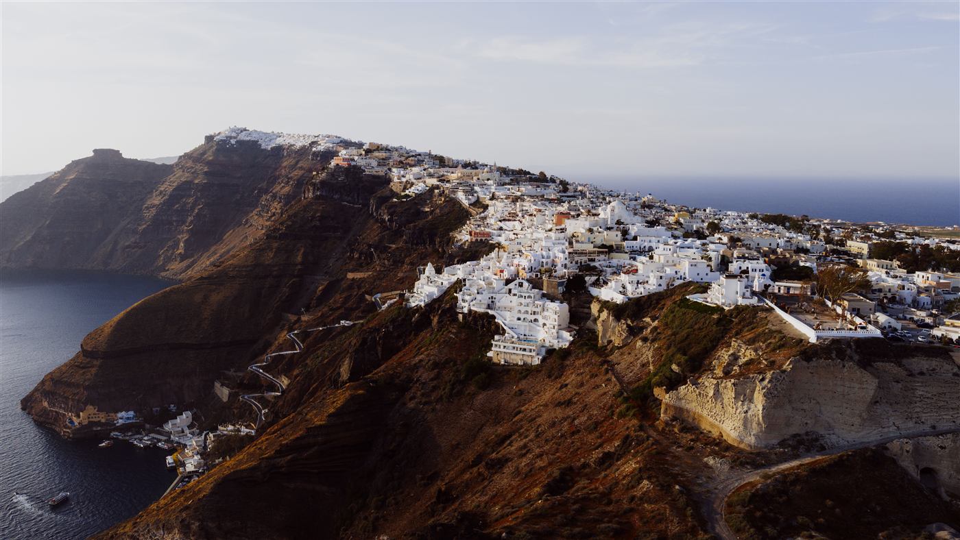 Santorini caldera and whitewashed buildings